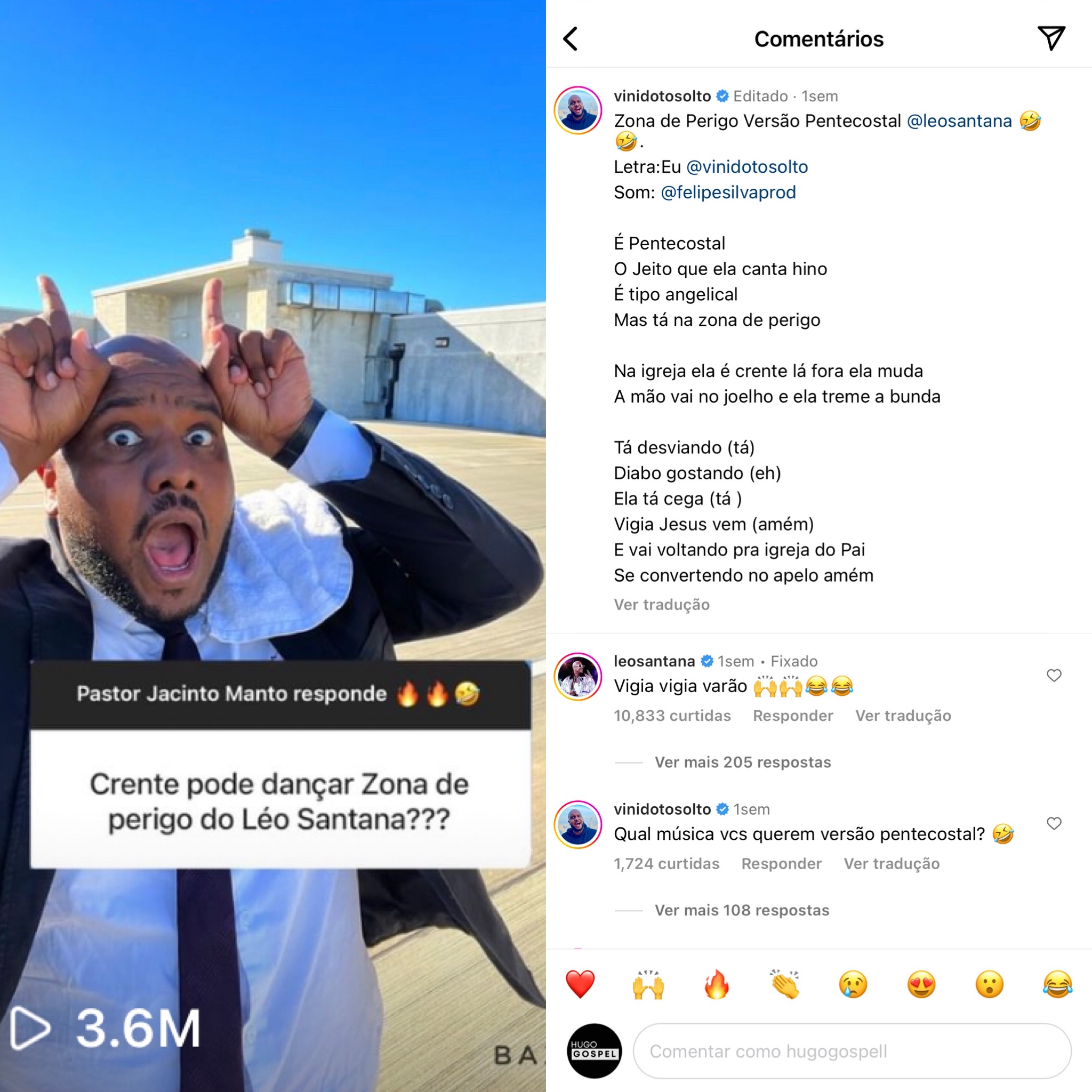 Imagens do Instagram Vini Do To Solto, comentário de Léo Santana