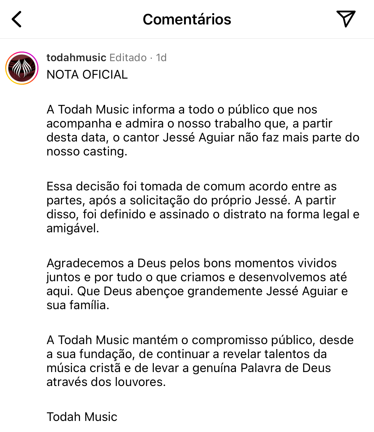 Reprodução Rede Social - Todah Music 