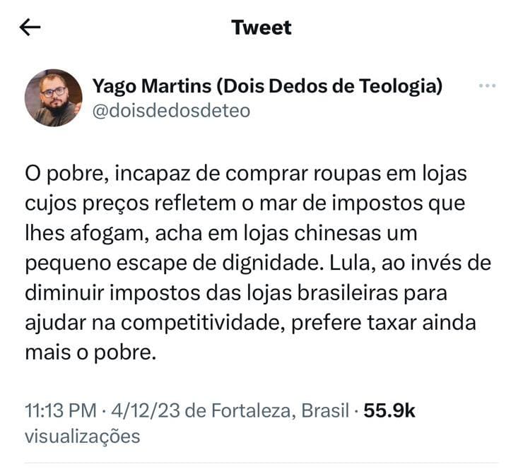 Imagem Reprodução Rede Social - Twitter - Yago Martins 