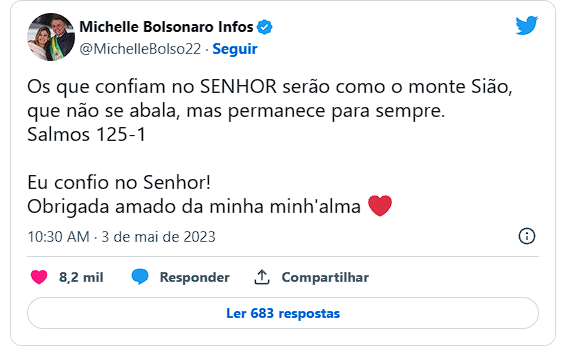 Imagem reprodução Rede Social/ Twitter/ Michelle Bolsonaro 