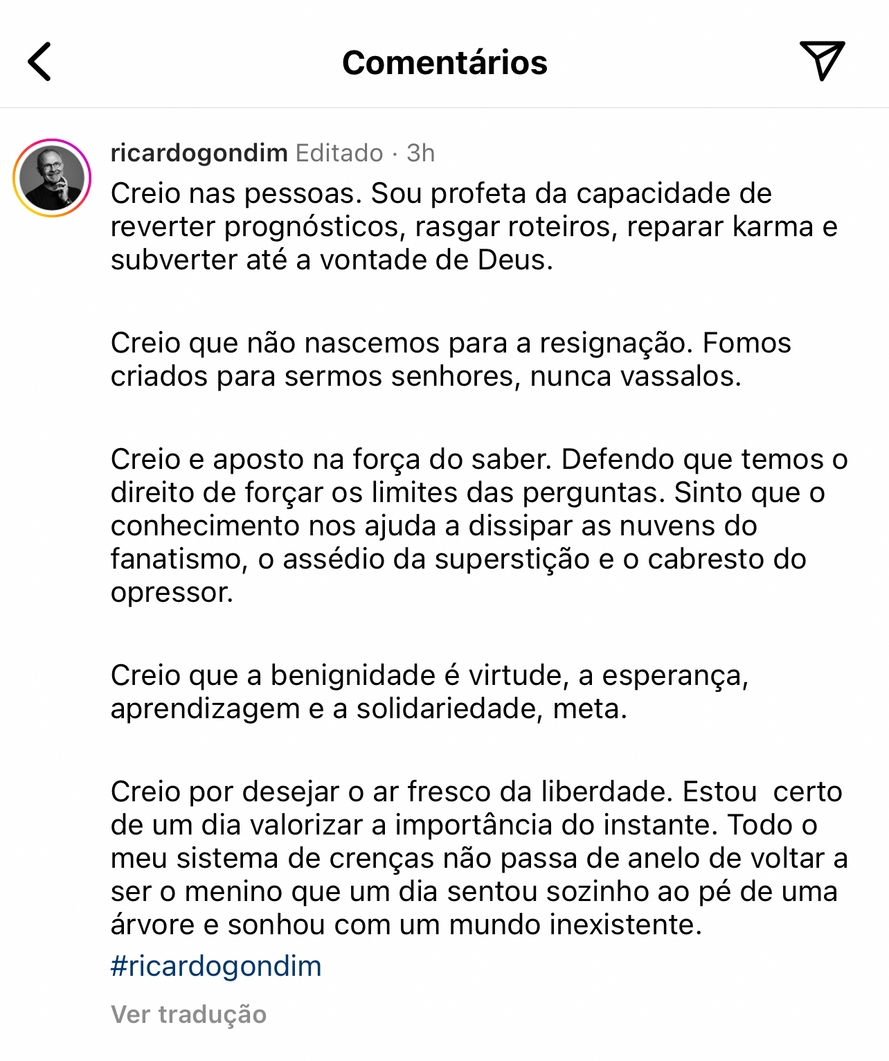 Postagem Ricardo Gondim - Instagram 