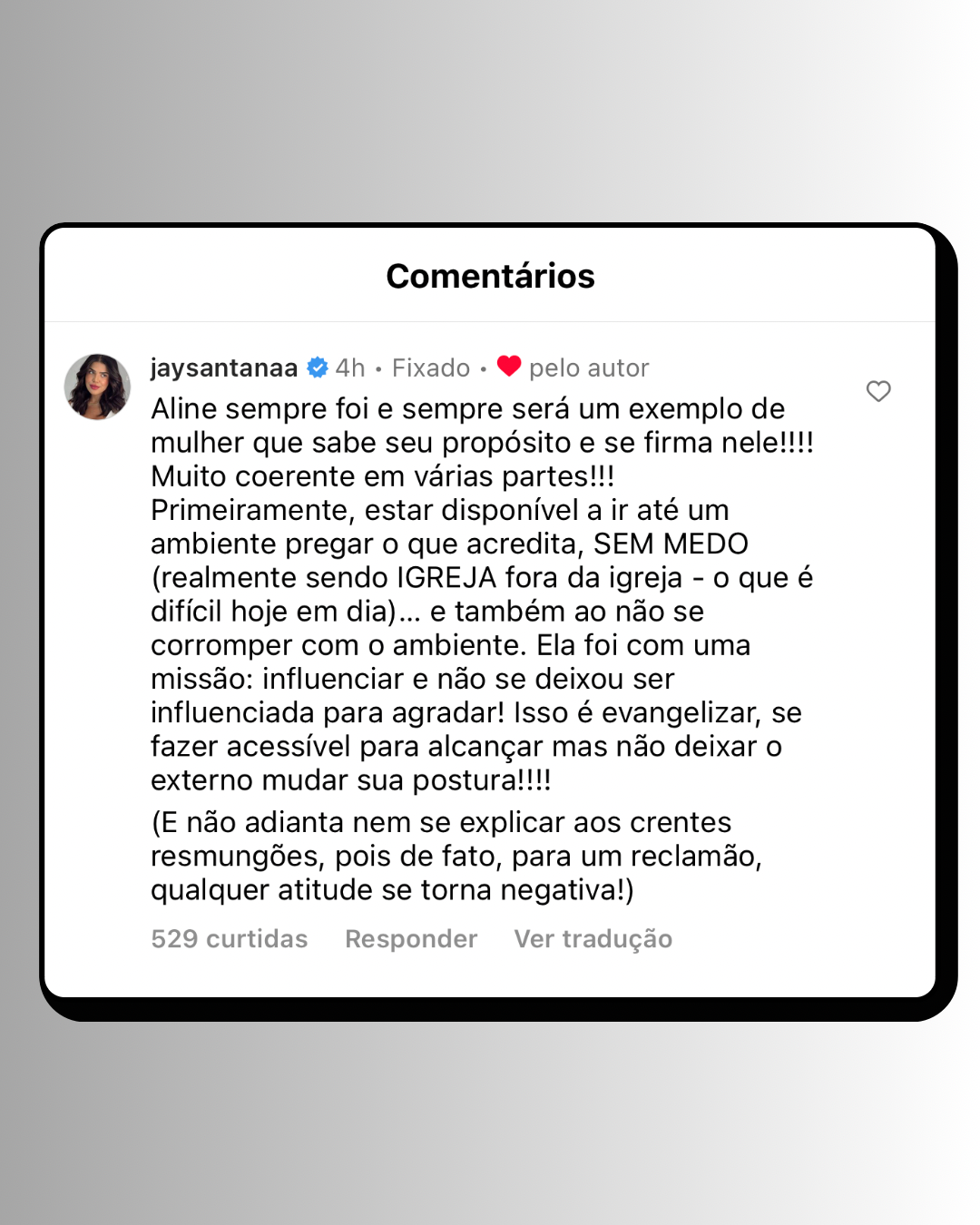 Print do comentário de Jayane Santana no Instagram da página “Gospelmente” 