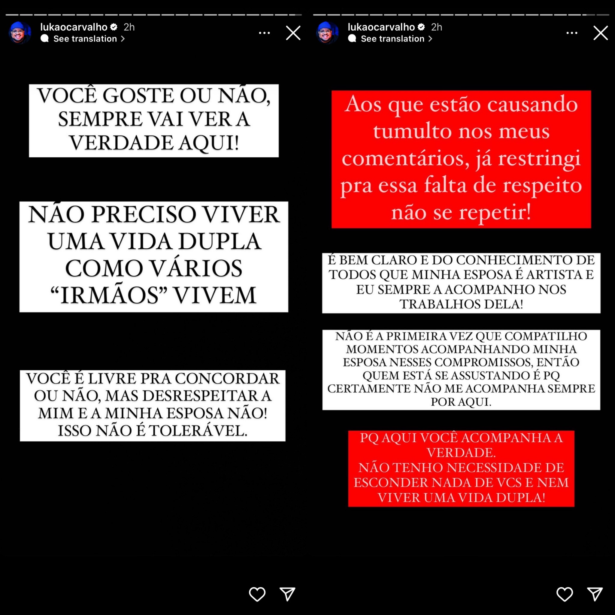 Desabafo nos Stories do Instagram do Cantor Gospel Lukão Carvalho (Imagem Reprodução/Rede Social) 