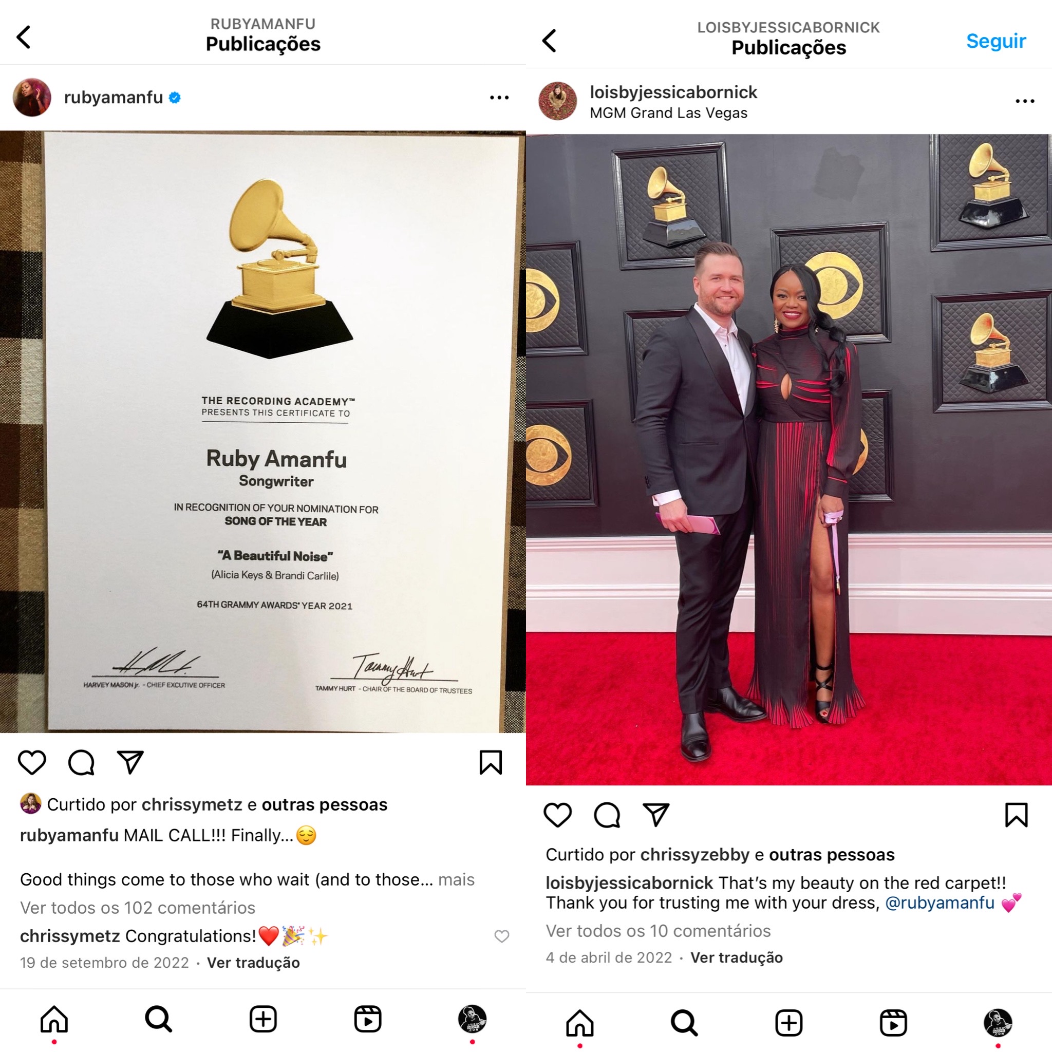 Ruby Amanfu na Premiação do Grammy (Imagem/ Reprodução Instagram). 