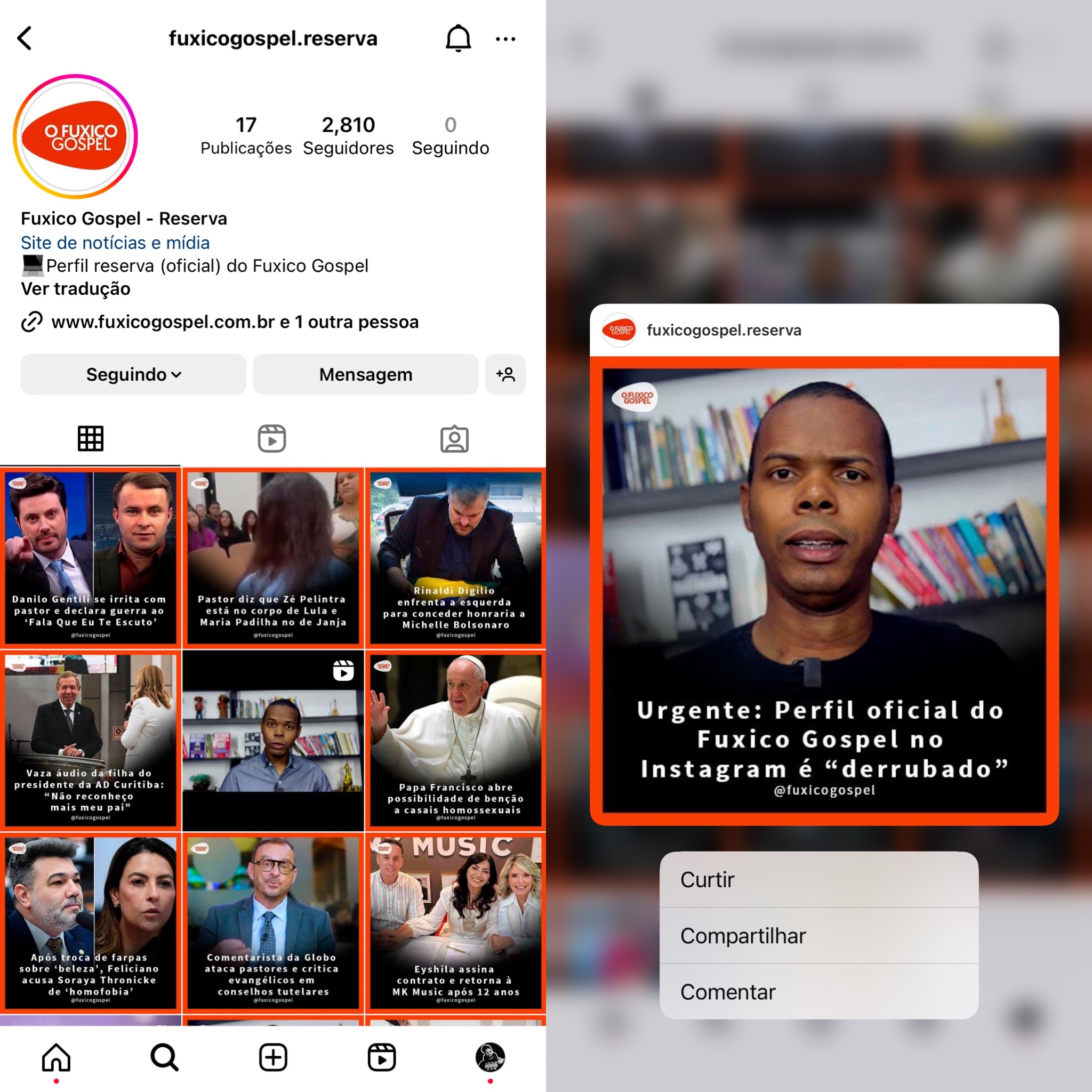Nova conta do Fuxico Gospel no Instagram (Imagem/ Reprodução Instagram).