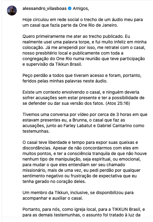 Carta Aberta, Pastor Alessandro Vilas Boas/ Rede Social