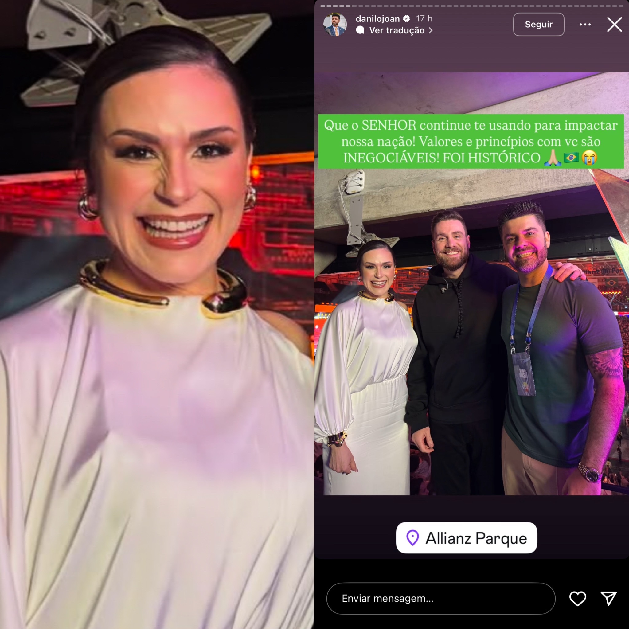 Jornalista do SBT Nadja Haddad ao lado do pastor André Fernandes e do esposo Prefeito Danilo Joan, em evento gospel Vira Brasil. Imagem: Reprodução Redes Sociais | Edição: Hugo Gospel.