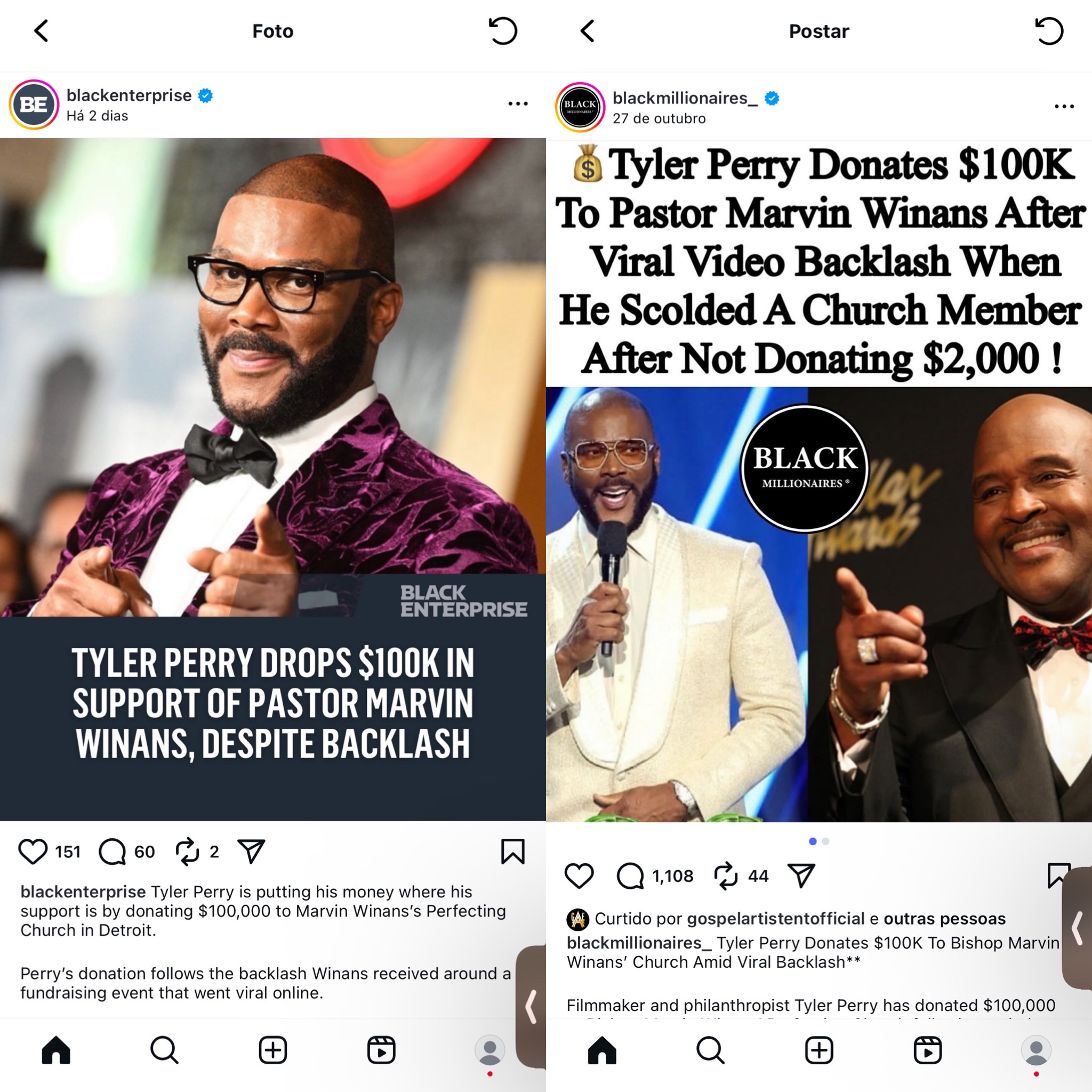 Tyler Perry e Bishop Marvin Winans. ( Imagem Reprodução Redes Sociais )