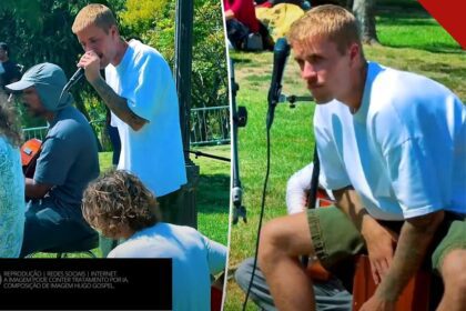 Justin Bieber canta com microfone durante apresentação improvisada no MacArthur Park, em Los Angeles