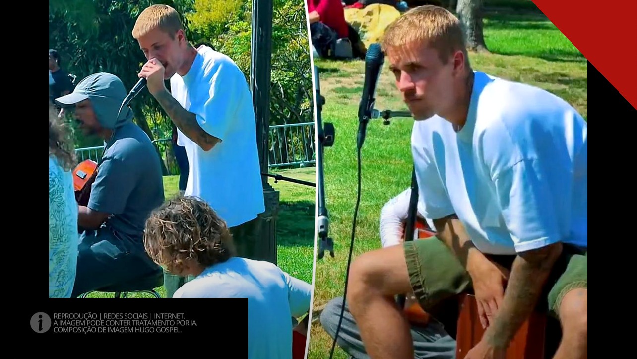 Justin Bieber canta com microfone durante apresentação improvisada no MacArthur Park, em Los Angeles