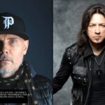 Billy Corgan de boné em retrato ao lado de Michael Sweet, vocalista do Stryper, de jaqueta de couro preta