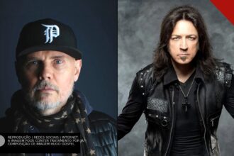 Billy Corgan de boné em retrato ao lado de Michael Sweet, vocalista do Stryper, de jaqueta de couro preta