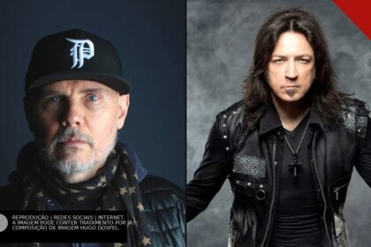 Billy Corgan de boné em retrato ao lado de Michael Sweet, vocalista do Stryper, de jaqueta de couro preta