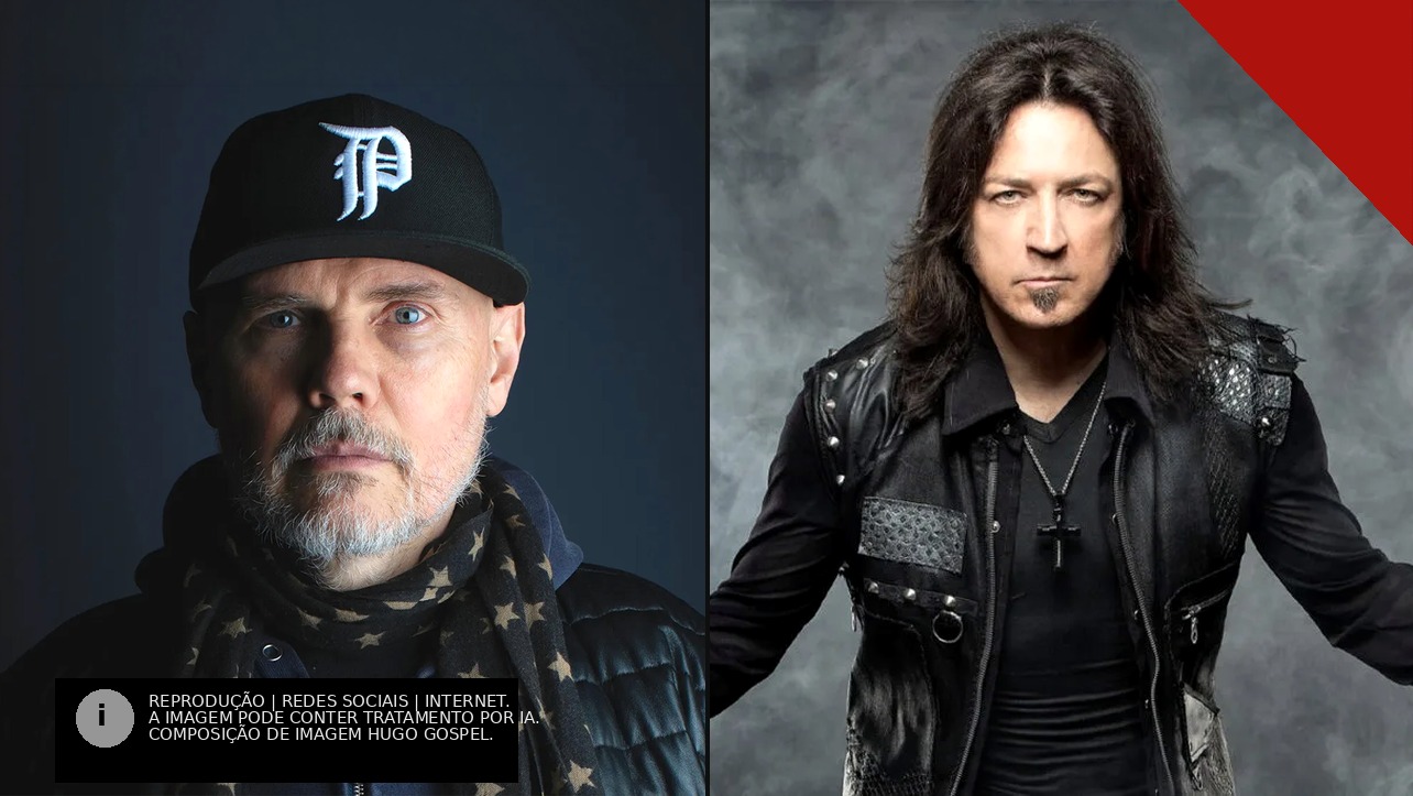 Billy Corgan de boné em retrato ao lado de Michael Sweet, vocalista do Stryper, de jaqueta de couro preta