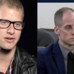 Caleb Flynn jovem na época do American Idol e Caleb Flynn no tribunal durante o julgamento pelo assassinato da esposa