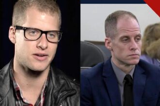 Caleb Flynn jovem na época do American Idol e Caleb Flynn no tribunal durante o julgamento pelo assassinato da esposa