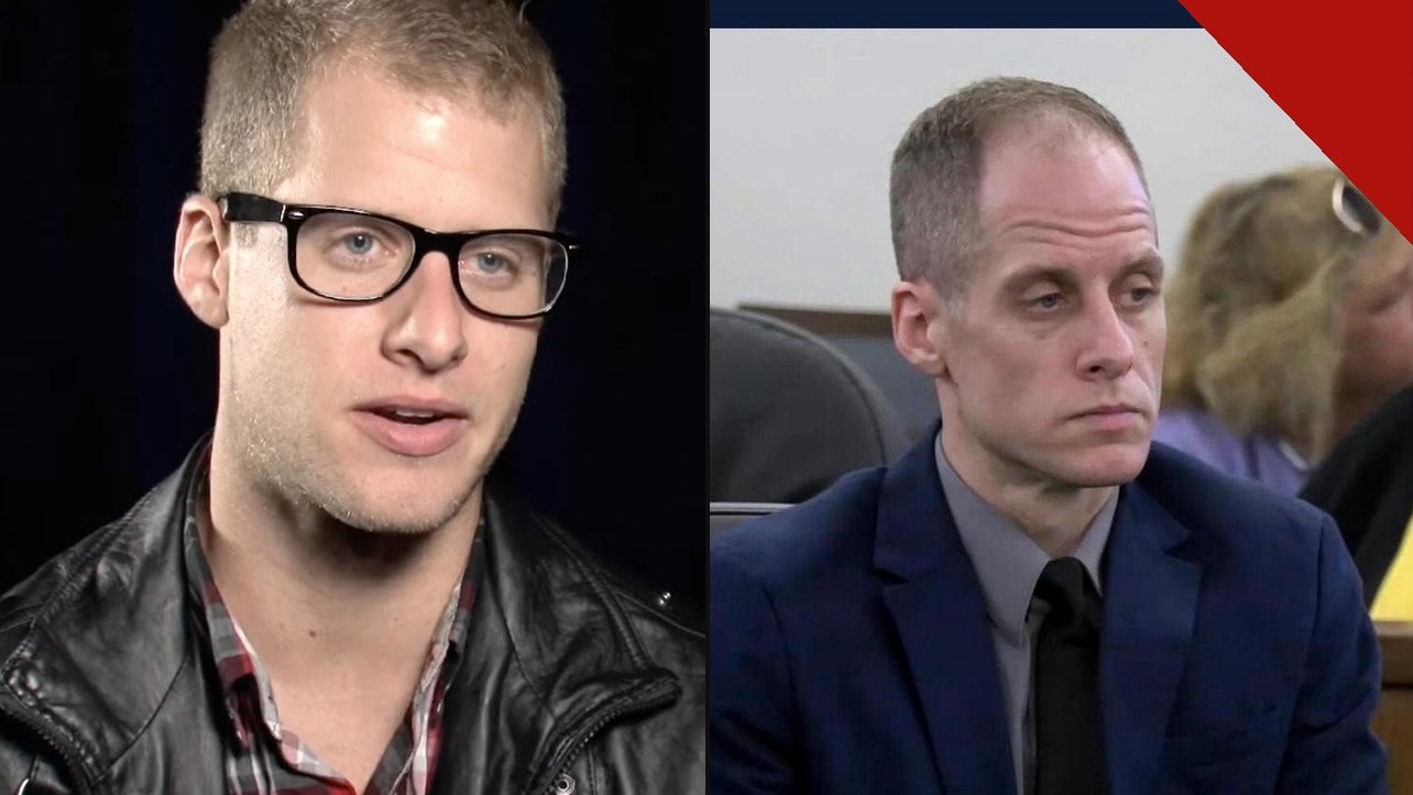 Caleb Flynn jovem na época do American Idol e Caleb Flynn no tribunal durante o julgamento pelo assassinato da esposa