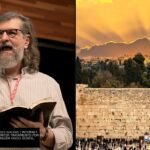 Pastor Carlito Paes pregando com uma Bíblia na mão ao lado de imagem do Muro das Lamentações em Jerusalém