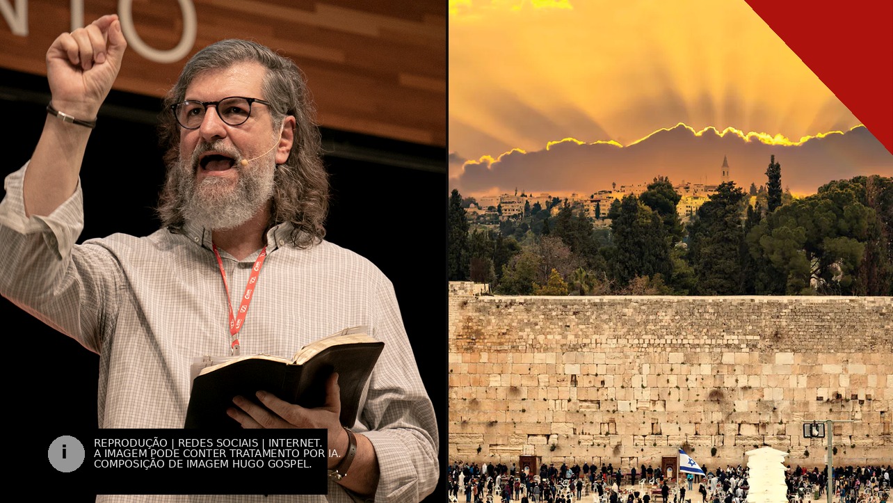 Pastor Carlito Paes pregando com uma Bíblia na mão ao lado de imagem do Muro das Lamentações em Jerusalém