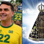 Flávio Bolsonaro em ato de campanha e imagem de Nossa Senhora Aparecida