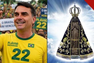 Flávio Bolsonaro em ato de campanha e imagem de Nossa Senhora Aparecida