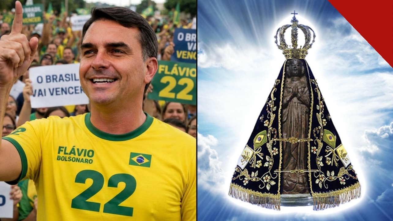 Flávio Bolsonaro em ato de campanha e imagem de Nossa Senhora Aparecida
