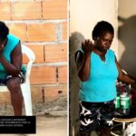Aparecida chorando emocionada e orando de mãos dadas com o influenciador Dan após receber as compras
