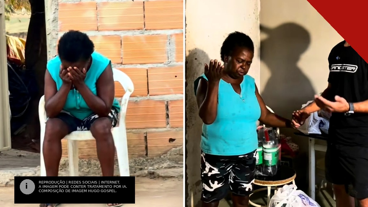 Aparecida chorando emocionada e orando de mãos dadas com o influenciador Dan após receber as compras