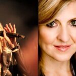 Darlene Zschech cantando com a mão levantada durante momento de adoração, e retrato sorrindo da cantora