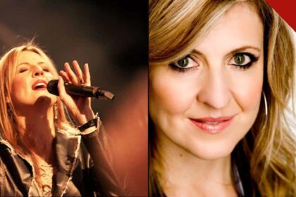 Darlene Zschech cantando com a mão levantada durante momento de adoração, e retrato sorrindo da cantora