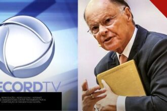 Bispo Edir Macedo segurando uma Bíblia ao lado da logomarca da Record TV