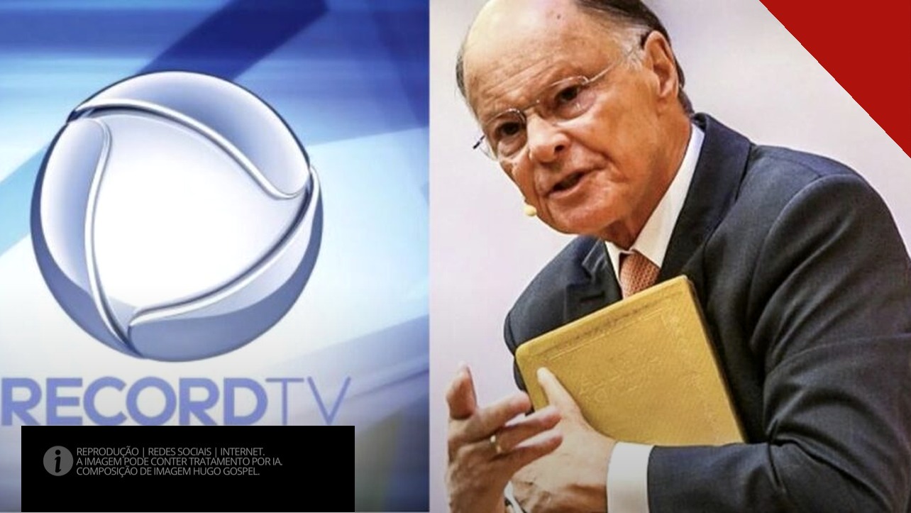 Bispo Edir Macedo segurando uma Bíblia ao lado da logomarca da Record TV