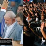 O presidente Lula de cabeça baixa recebendo oração com mãos estendidas sobre ele, ao lado de multidão de evangélicos com as mãos levantadas em culto