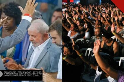 O presidente Lula de cabeça baixa recebendo oração com mãos estendidas sobre ele, ao lado de multidão de evangélicos com as mãos levantadas em culto