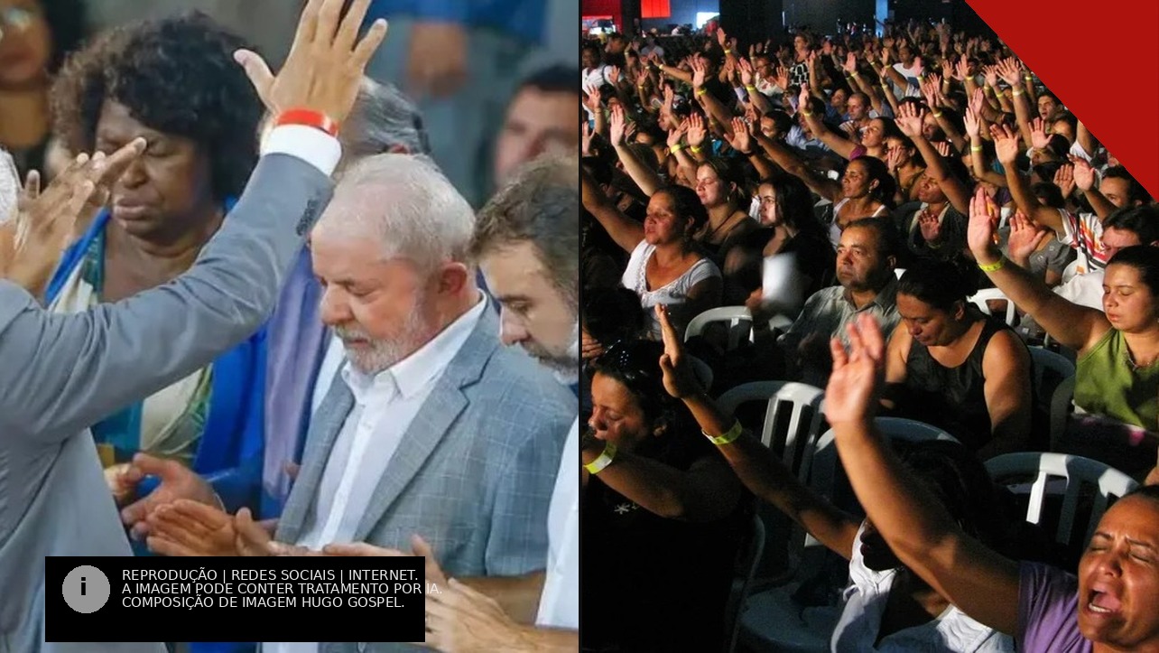 O presidente Lula de cabeça baixa recebendo oração com mãos estendidas sobre ele, ao lado de multidão de evangélicos com as mãos levantadas em culto