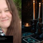 Colagem com foto da holandesa Marinka van der Zee sorrindo ao lado de velas acesas e cartas de tarô sobre uma mesa escura.