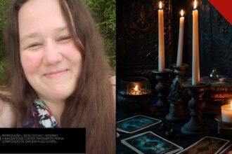 Colagem com foto da holandesa Marinka van der Zee sorrindo ao lado de velas acesas e cartas de tarô sobre uma mesa escura.