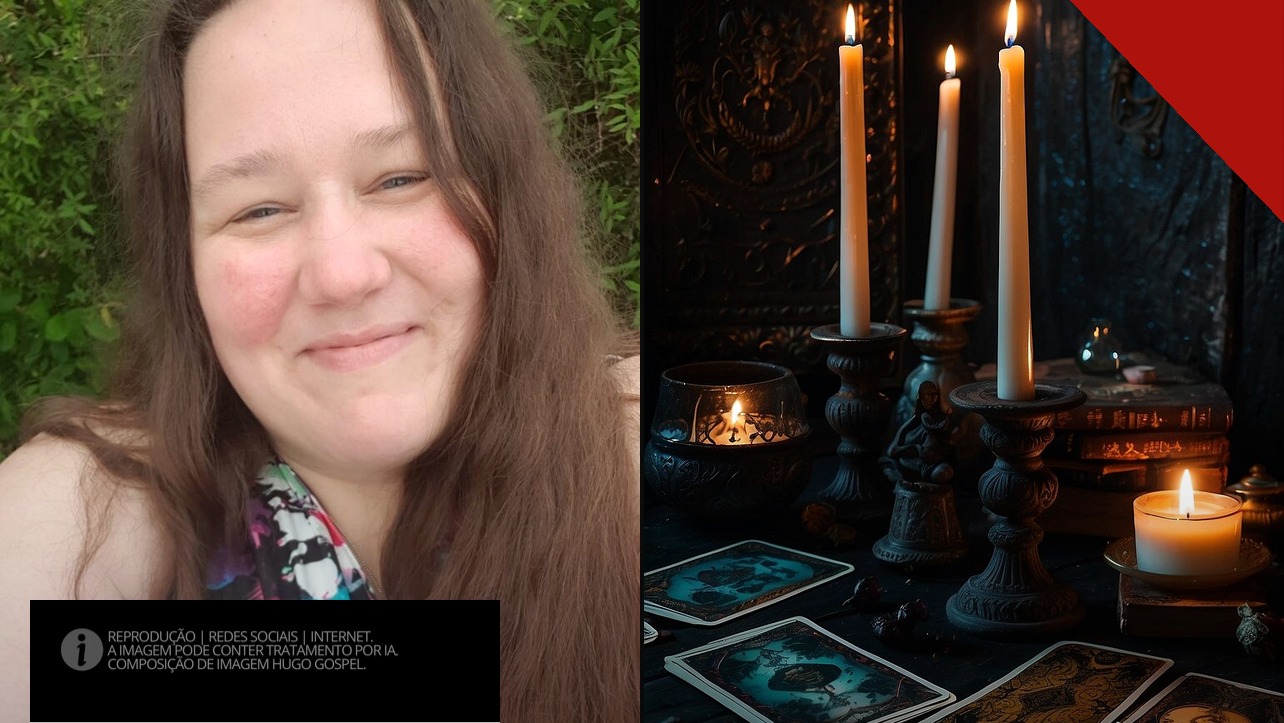 Colagem com foto da holandesa Marinka van der Zee sorrindo ao lado de velas acesas e cartas de tarô sobre uma mesa escura.