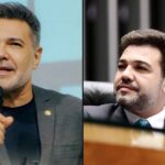 Deputado e pastor Marco Feliciano em dois momentos: pregando com microfone e discursando na Câmara dos Deputados