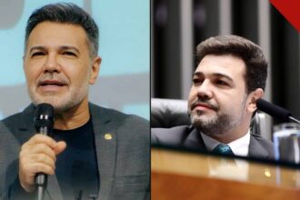 Deputado e pastor Marco Feliciano em dois momentos: pregando com microfone e discursando na Câmara dos Deputados