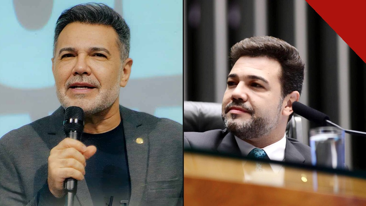 Deputado e pastor Marco Feliciano em dois momentos: pregando com microfone e discursando na Câmara dos Deputados