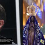 Senador Flávio Bolsonaro falando ao microfone no Senado e imagem de Nossa Senhora Aparecida com a bandeira do Brasil.