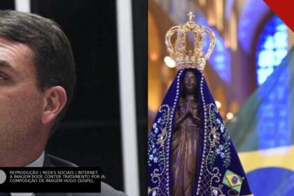 Senador Flávio Bolsonaro falando ao microfone no Senado e imagem de Nossa Senhora Aparecida com a bandeira do Brasil.