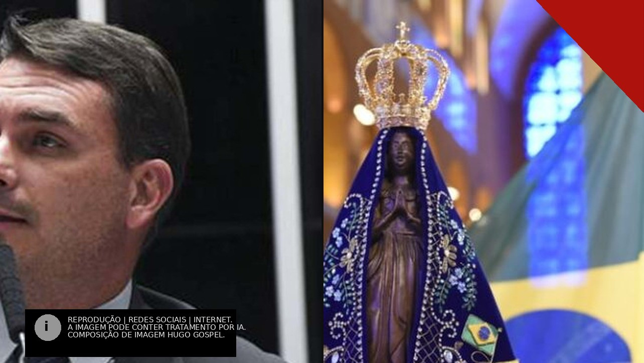 Senador Flávio Bolsonaro falando ao microfone no Senado e imagem de Nossa Senhora Aparecida com a bandeira do Brasil.