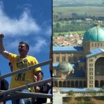 Flávio Bolsonaro de punho erguido em agenda de campanha e o Santuário Nacional de Nossa Senhora Aparecida