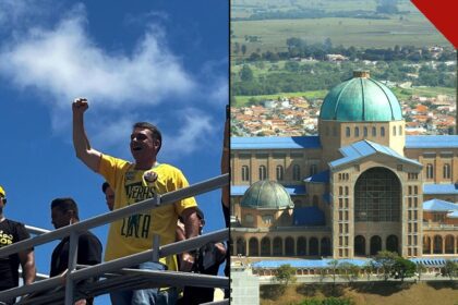 Flávio Bolsonaro de punho erguido em agenda de campanha e o Santuário Nacional de Nossa Senhora Aparecida