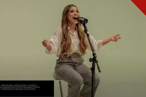 A cantora Gabriela Rocha sorrindo enquanto canta com um microfone em um estúdio