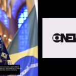 Imagem de Nossa Senhora Aparecida com coroa e manto azul ao lado da bandeira do Brasil, e o logotipo da GloboNews