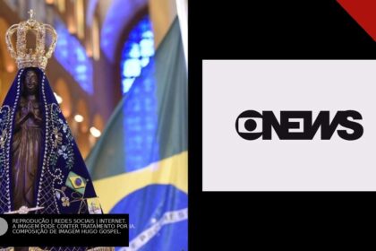 Imagem de Nossa Senhora Aparecida com coroa e manto azul ao lado da bandeira do Brasil, e o logotipo da GloboNews