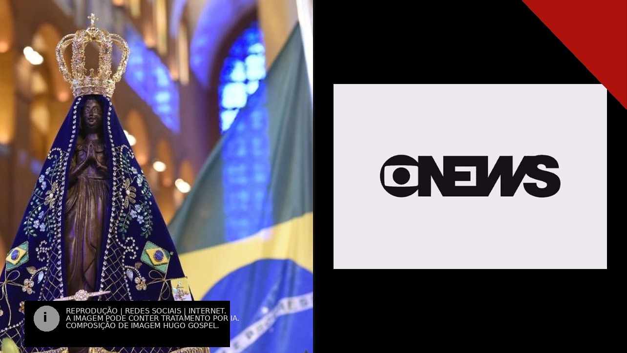 Imagem de Nossa Senhora Aparecida com coroa e manto azul ao lado da bandeira do Brasil, e o logotipo da GloboNews